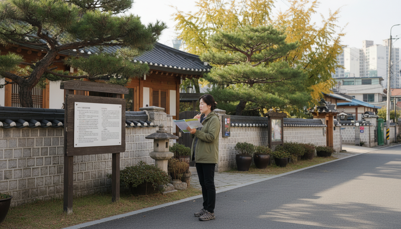 한적한 한국의 동네 주민센터 입구에서 40대 한국 여성이 안내 표지판을 읽으며 지원금 신청 관련 서류를 들고 생각하는 모습, 주변에는 한국적인 나무와 낮은 담장이 보임, 정보를 탐색하는 분위기