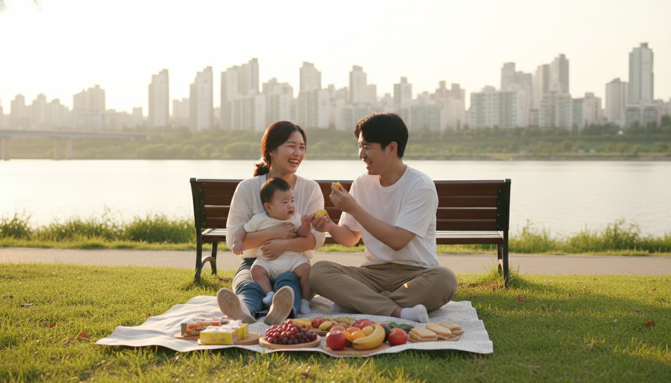 따뜻한 햇살 아래 서울의 한강 공원에서 벤치에 앉아 아이와 행복하게 웃으며 피크닉을 즐기는 젊은 한국 부부의 모습, 배경에는 한강과 빌딩 숲이 어우러져 있음, 행복하고 평화로운 분위기