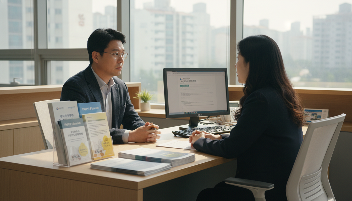 깔끔하게 정돈된 한국의 공공기관 상담 창구에서 30대 한국 남성이 상담원과 진지하게 이야기를 나누고 있다. 옆에는 정책자금 관련 팜플렛들이 놓여 있다.