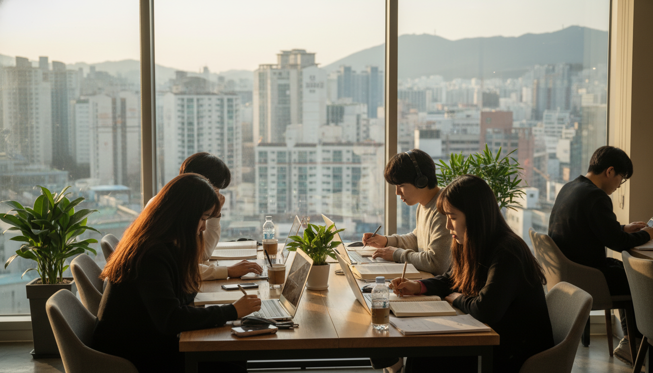 쾌적한 스터디 카페에서 20대 한국 학생들이 각자의 노트북과 책을 보며 열정적으로 공부하고 있다. 창밖으로는 서울의 빌딩 숲이 보인다.