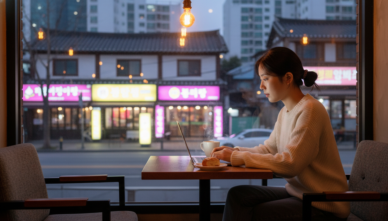 따뜻한 조명의 한국 카페 창가 자리에 앉아 노트북으로 작업하는 20대 한국 여성, 창밖에는 한글 간판이 보이는 거리 풍경, 고화질, 감성 사진